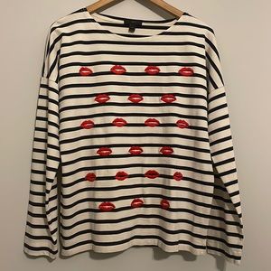 J. Crew Embroidered Lips Striped Long-sleeve T-Shirt-Sz M EUC